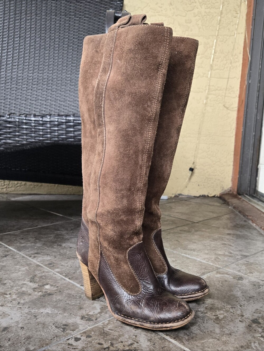 Frye Villager Pull On Tall Boots Leather Suede Heels Brown Size 6 - Picture 5 of 15